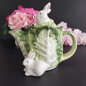 Vintage Rabbit Cabbage Leaf Teapot - Collectible Easter Spring Bunny